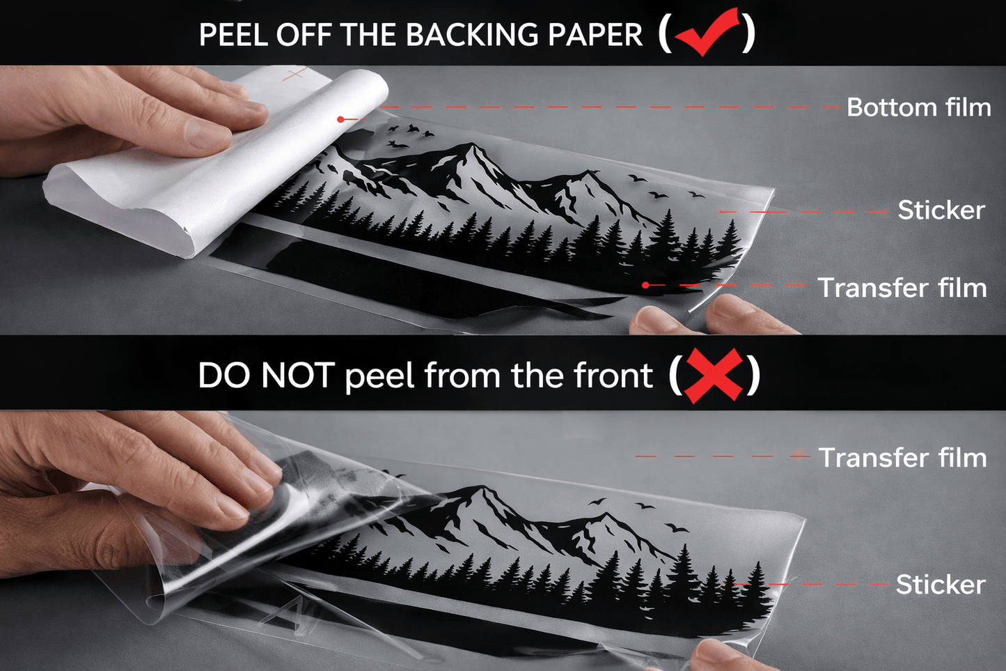 Instructions on how to peel off a mountain-themed sticker with labeled layers.