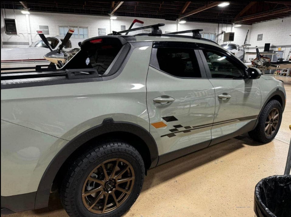 Custom Hyundai Santa Cruz truck side stripe vinyl decal kit installed by Brothers Graphics