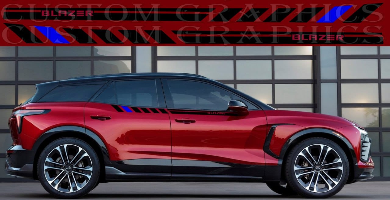 A red Chevrolet Blazer SUV with custom die-cut decal graphics on the side, featuring a bold red color and black trim.