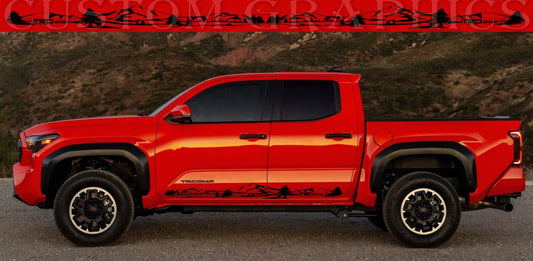 A red Toyota Tacoma pickup truck with a set of die-cutting decal graphics on the side, designed for compatibility with the vehicle.