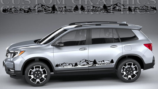 Silver SUV with custom graphics on a gray background