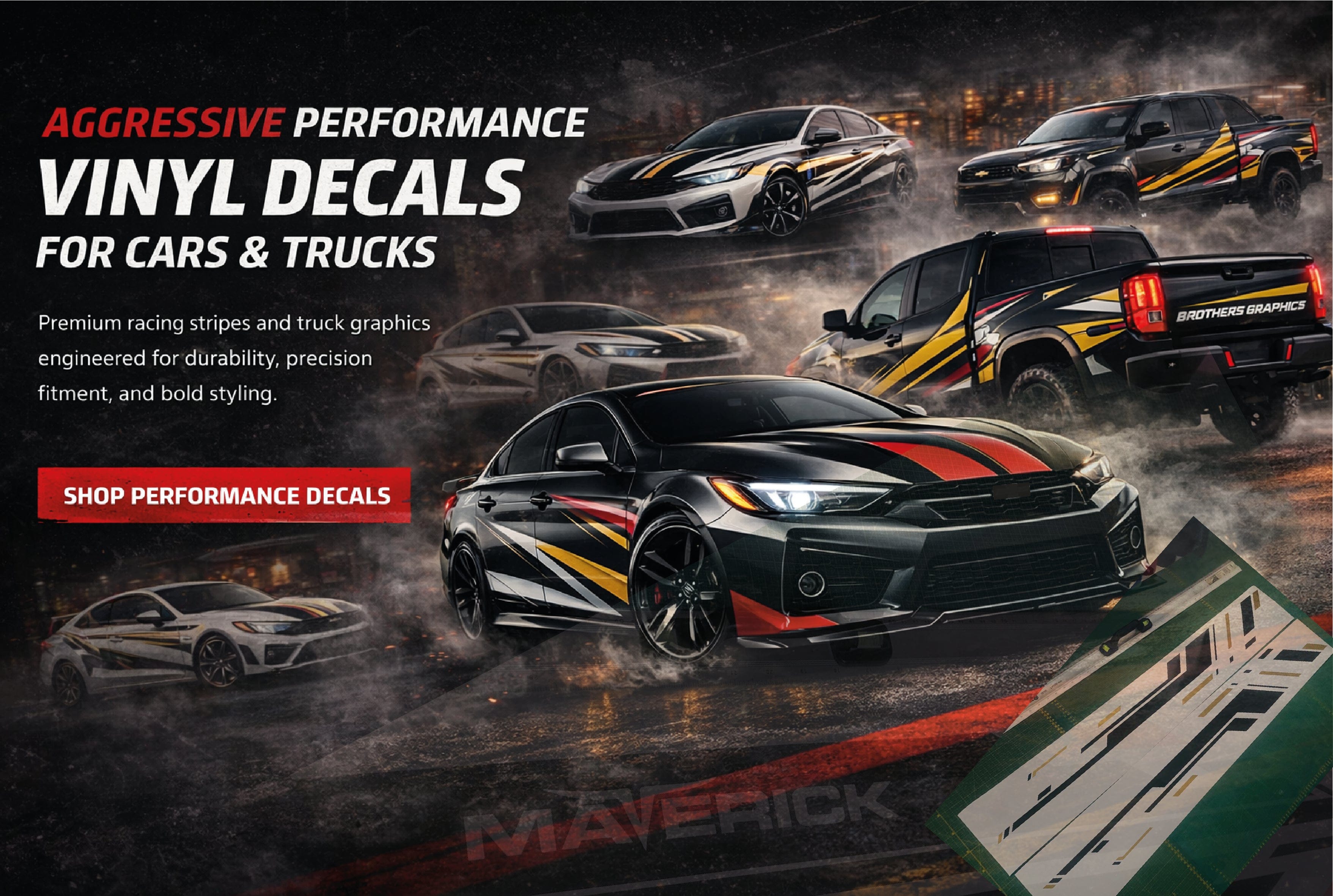 Custom racing stripes and performance vinyl decals for cars and trucks designed by Brothers Graphics